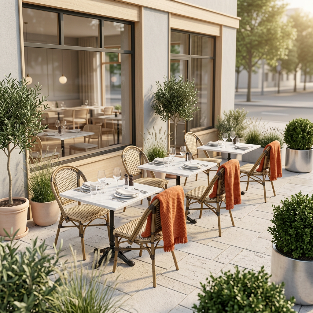 Inspirationsmiljö med cafébord och stolar på en solig uteservering
