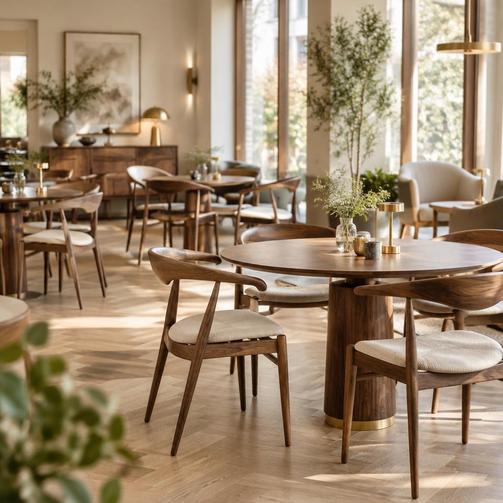 Varma restaurangmöbler i en ljus inspirationsmiljö