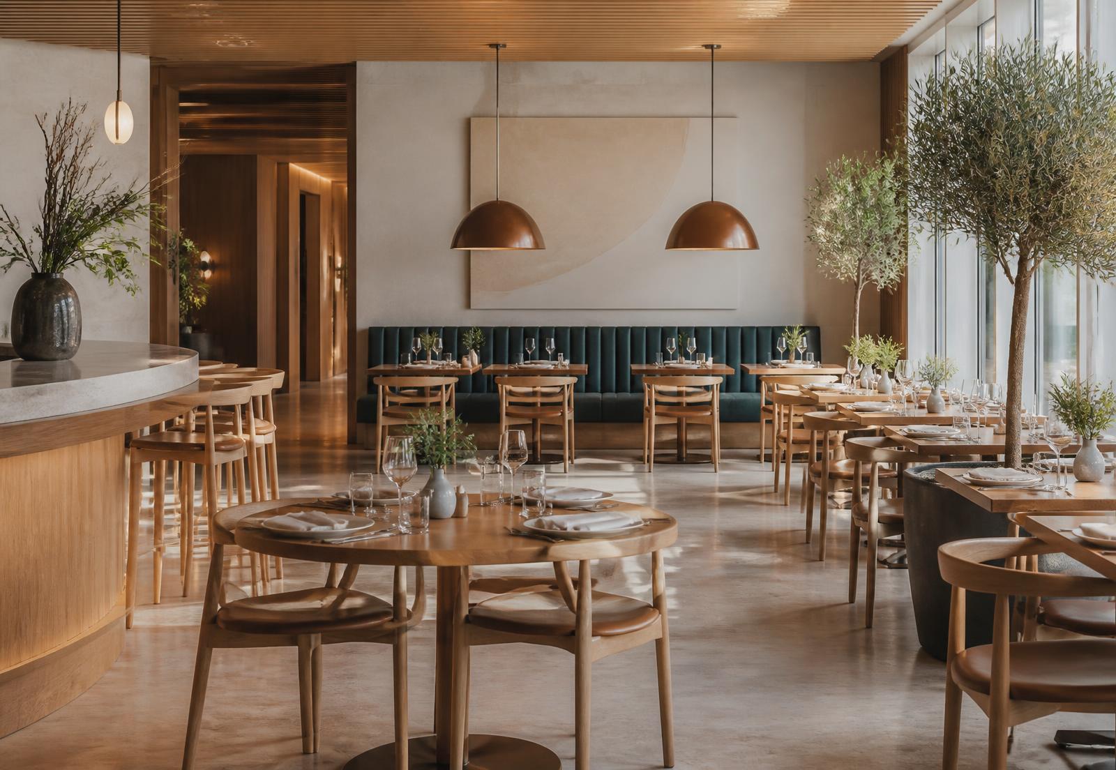 Färdig restaurangmiljö möblerad med bord, stolar och sittsoffa