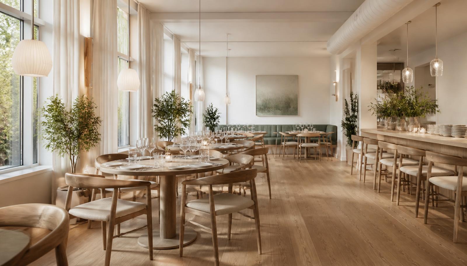 Ljust restauranginteriör med trämöbler och gröna växter